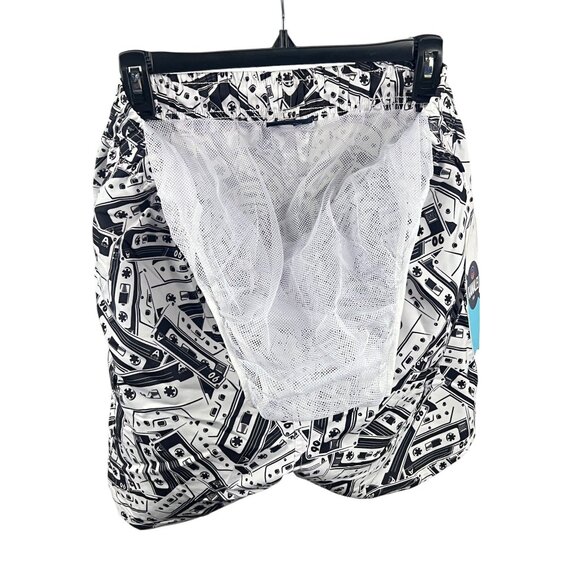 Kanalei Bay NWT Cassette Print Mens Swim Shorts L Black White Lined Beach Summer - Picture 6 of 10